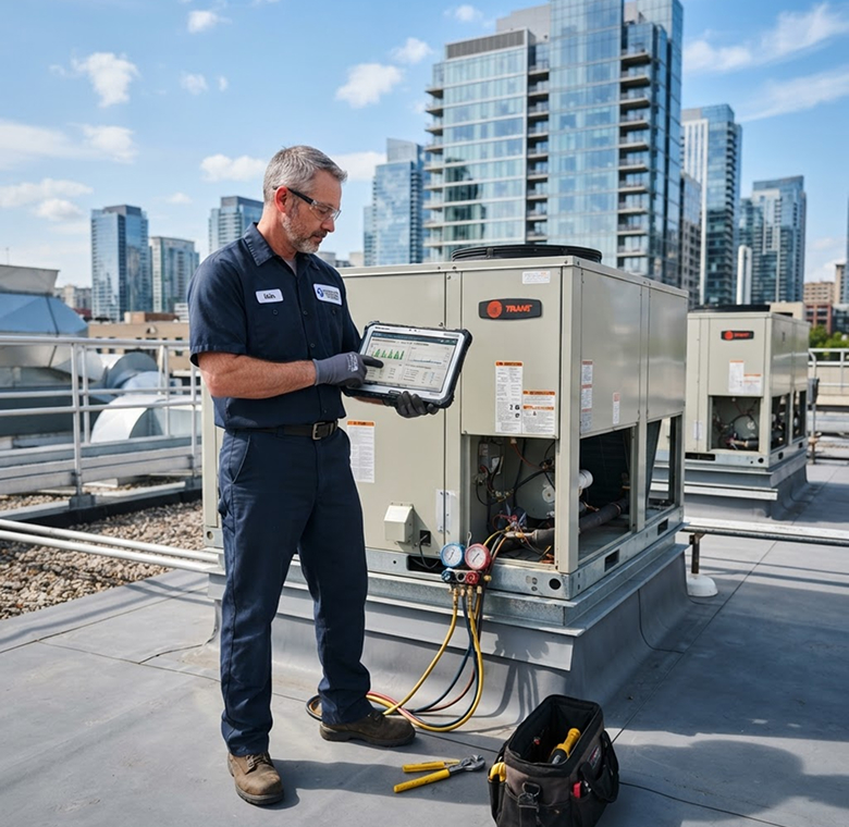 HVAC service technician using a tablet beside a rooftop unit